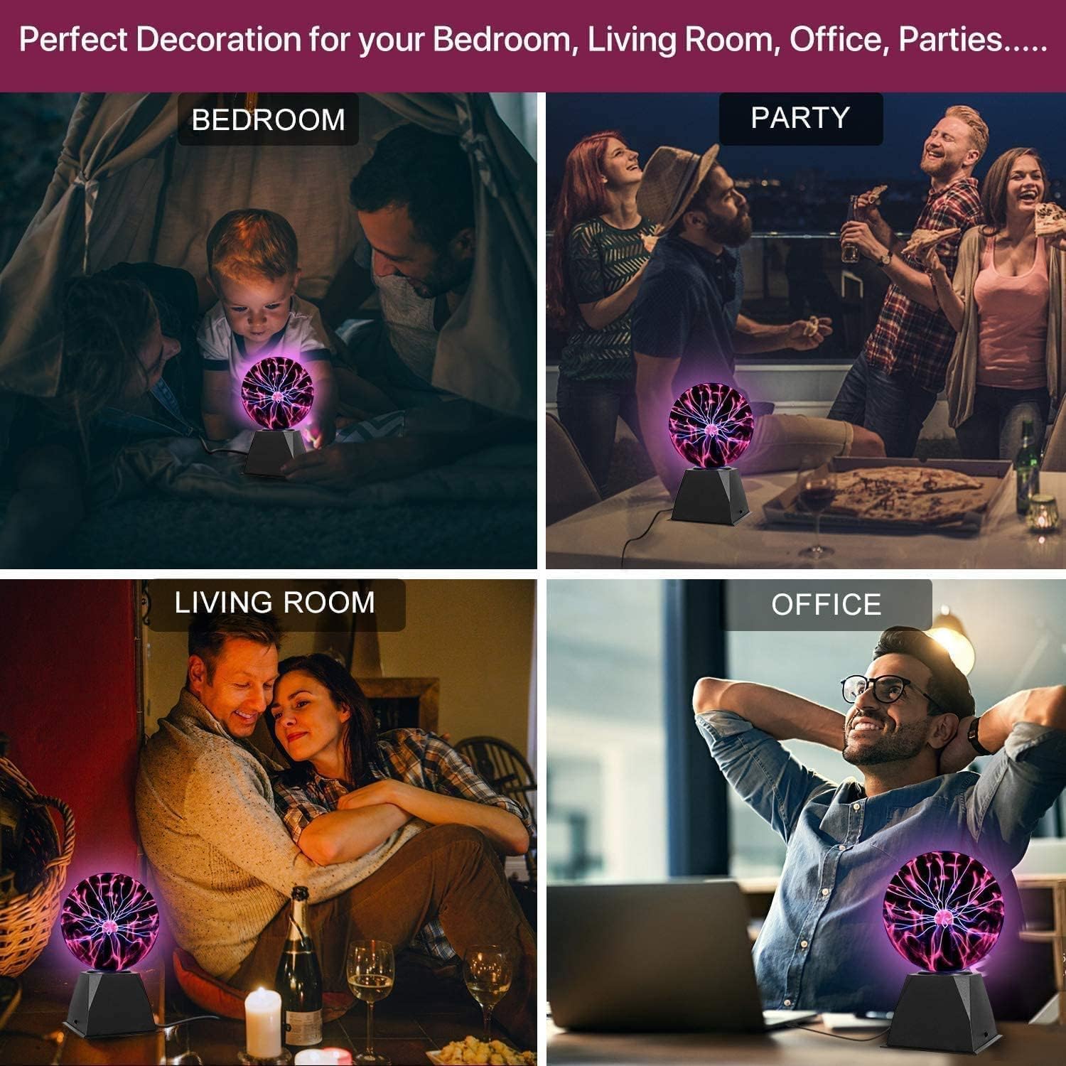 Plasma Ball/Light/Lamp, Static Electricity Globe Electric Lightning Ball, Touch Sensitive, USB Powered, Amazing Gift for Parties, Birthday and Holiday, 3 Inch