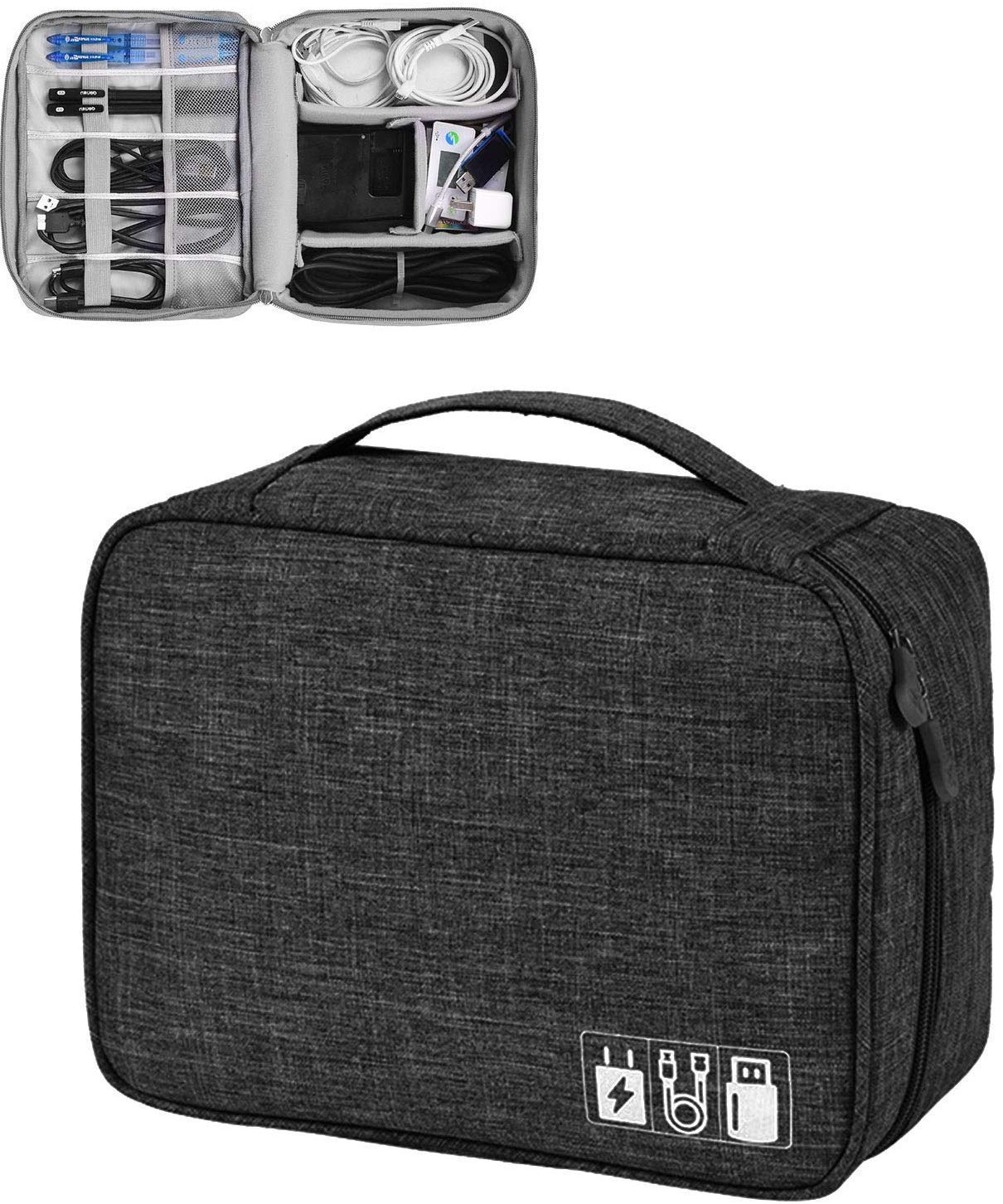 Gadget Organizer Electronics Accessories Organizer Bag, Universal Carry Travel Gadget Bag for Cables, Plug and More, Perfect Size Fits for Pad Phone Charger Hard Disk (Black)