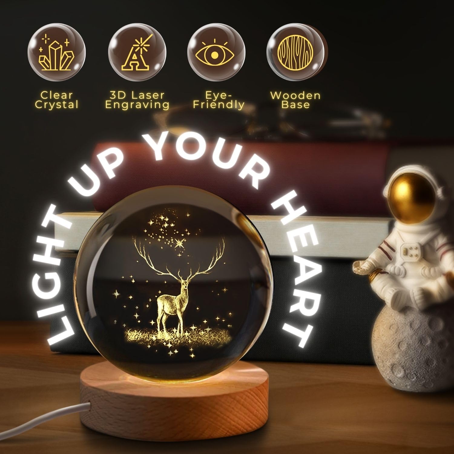 3D Engraved Deer Crystal Globe Lamp | USB LED Night Light with Wooden Base | Creative 6 cm Crystal Ball Table Lamp for Bedroom, Home, Office Décor & Gifting