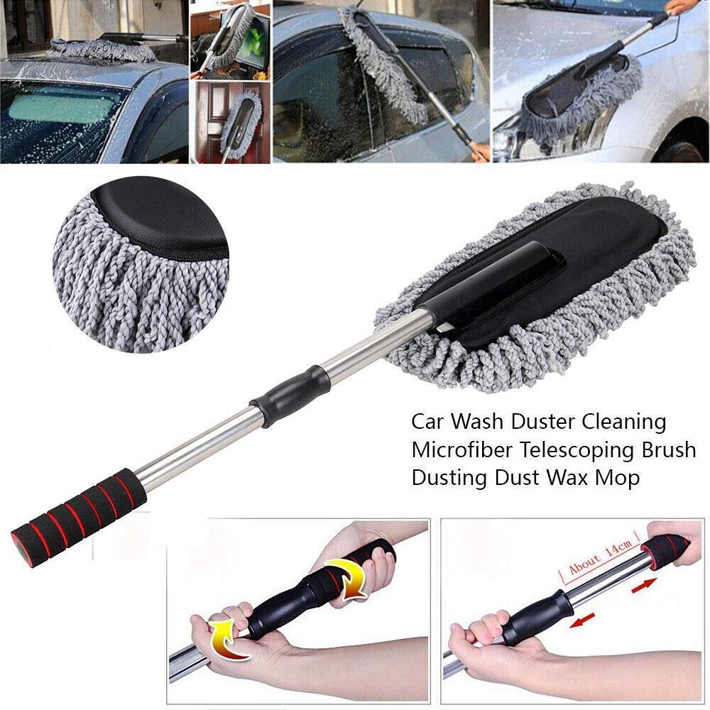 Soft Microfiber Car Duster Brush with Extendable Handle Wet & Dry Scratch Free Surface Cleaner Multipurpose Kitchen Vehicle Dust Cleaning Accessory (Big)
