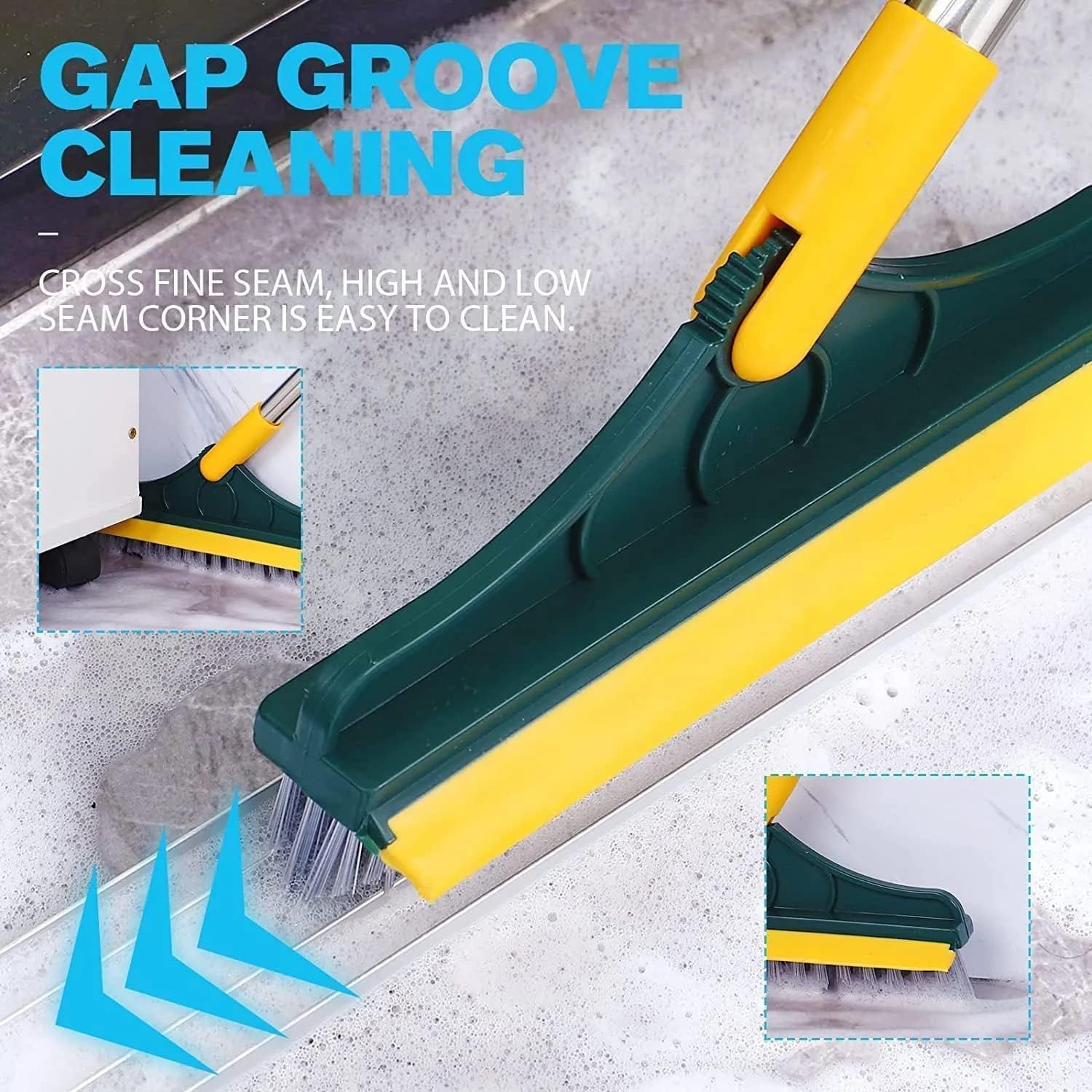 2 in 1 Floor Tiles Cleaning Brush with Wiper 120° Rotating Bathroom Kitchen Household Cleaning Squeegee Mop with Long Handle V-Shape Stiff Bristle Grout Scraper Brush (2 in 1 tile Brush)