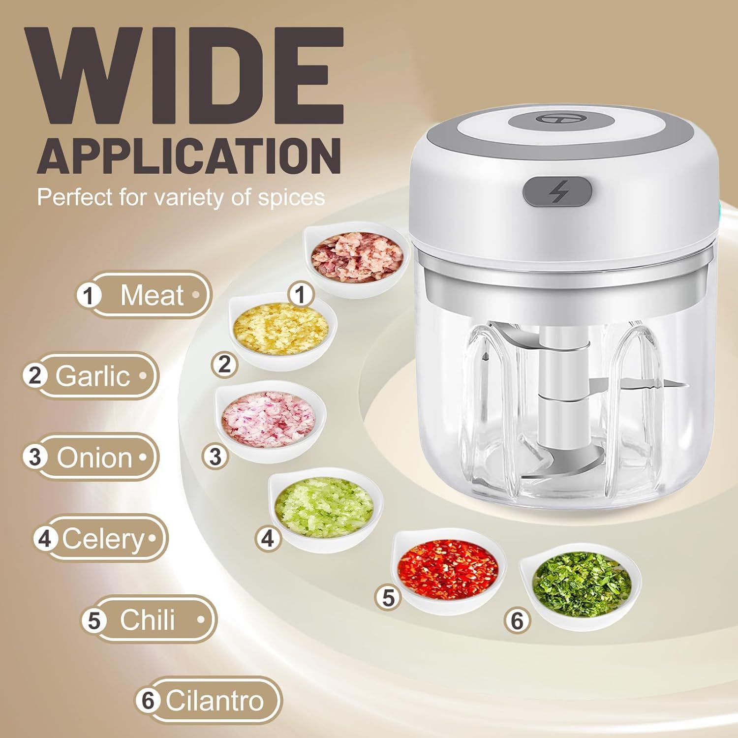 Rechargeable Mini Electric Chopper, Food Grade Bowl, Stainless Steel Blades, One Touch Operation, for Mincing Garlic, Ginger, Onion, Vegetable, Meat, Nuts, 250 ML
