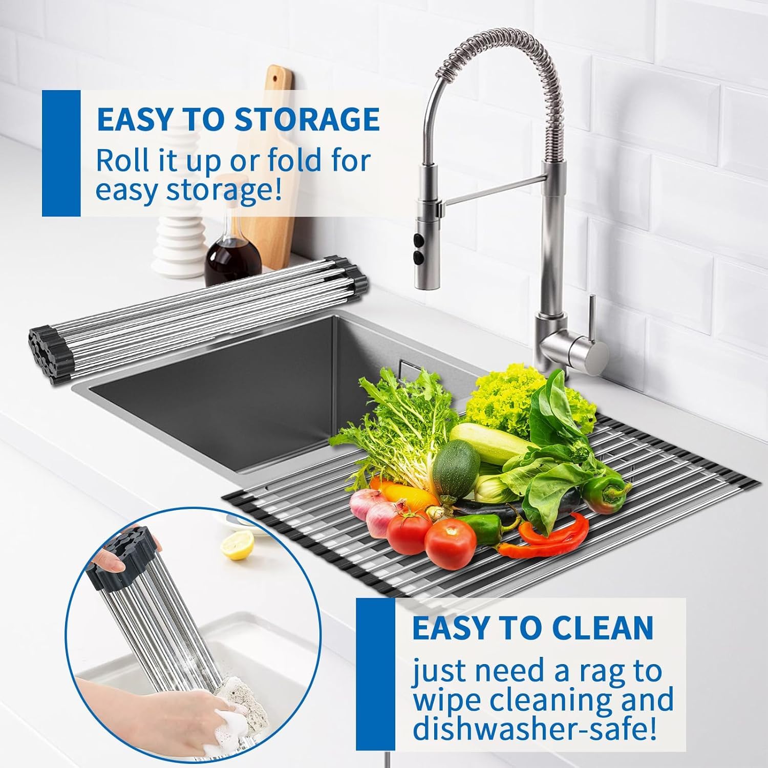 Foldable Roll Up 10 Pipe Dish Drying Rack Over The Sink Multipurpose Kitchen Counter Rolling up Stainless Steel Drainer for Cups, Utensils, Fruits, Vegetables