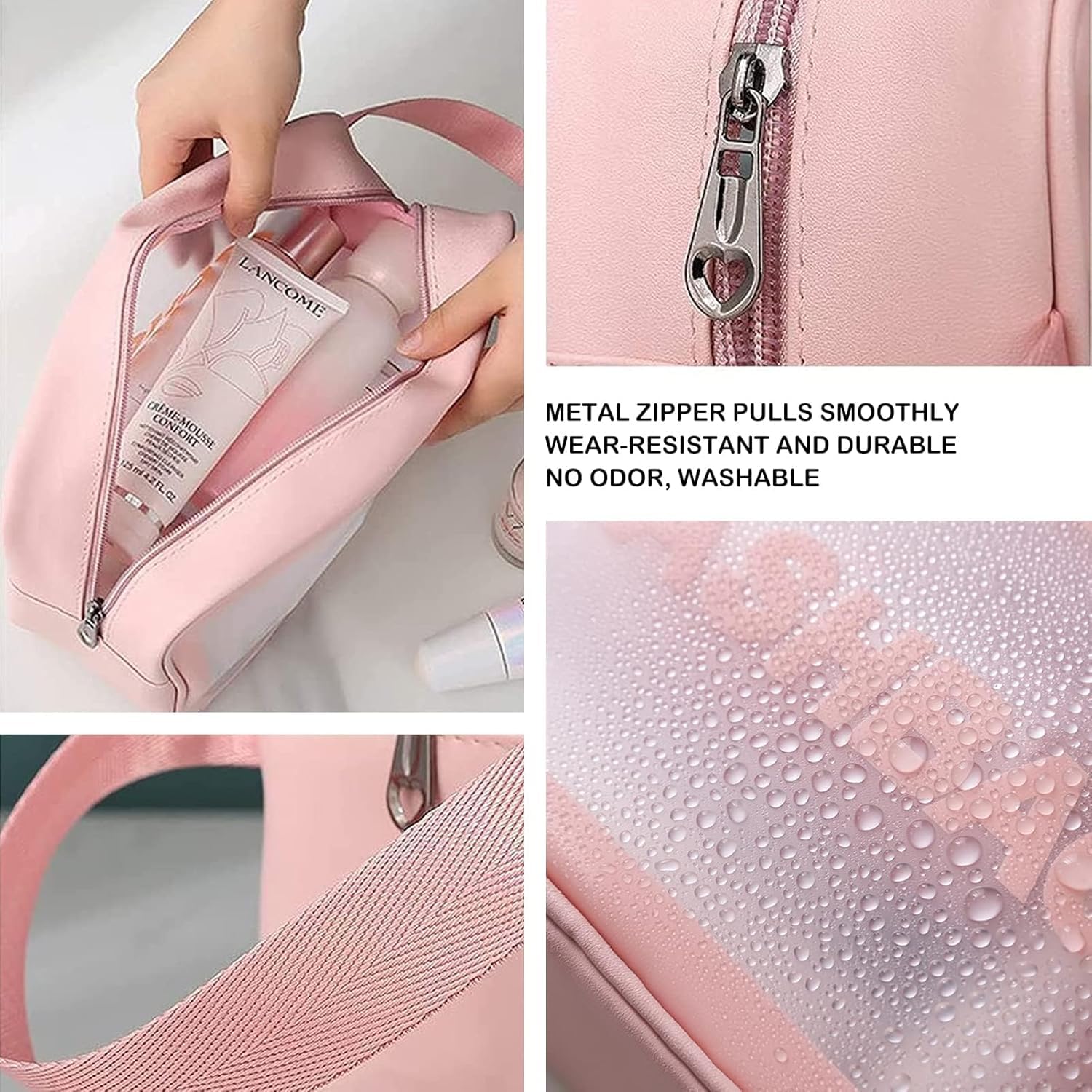 Wash Bag Pouch for Travel Kit Toiletry Bag Cosmetic Bag Make Up Box for Brushes, Accessories with Handle, Large Capacity Translucent Waterproof Travel Storage Organizer Set of 3 (Pink)