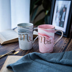 Ceramic Marble Finish Coffee Mug With Lid & Spoon For Anniversary Wedding Engagement Valentine Gifts For Couple (400 ML)