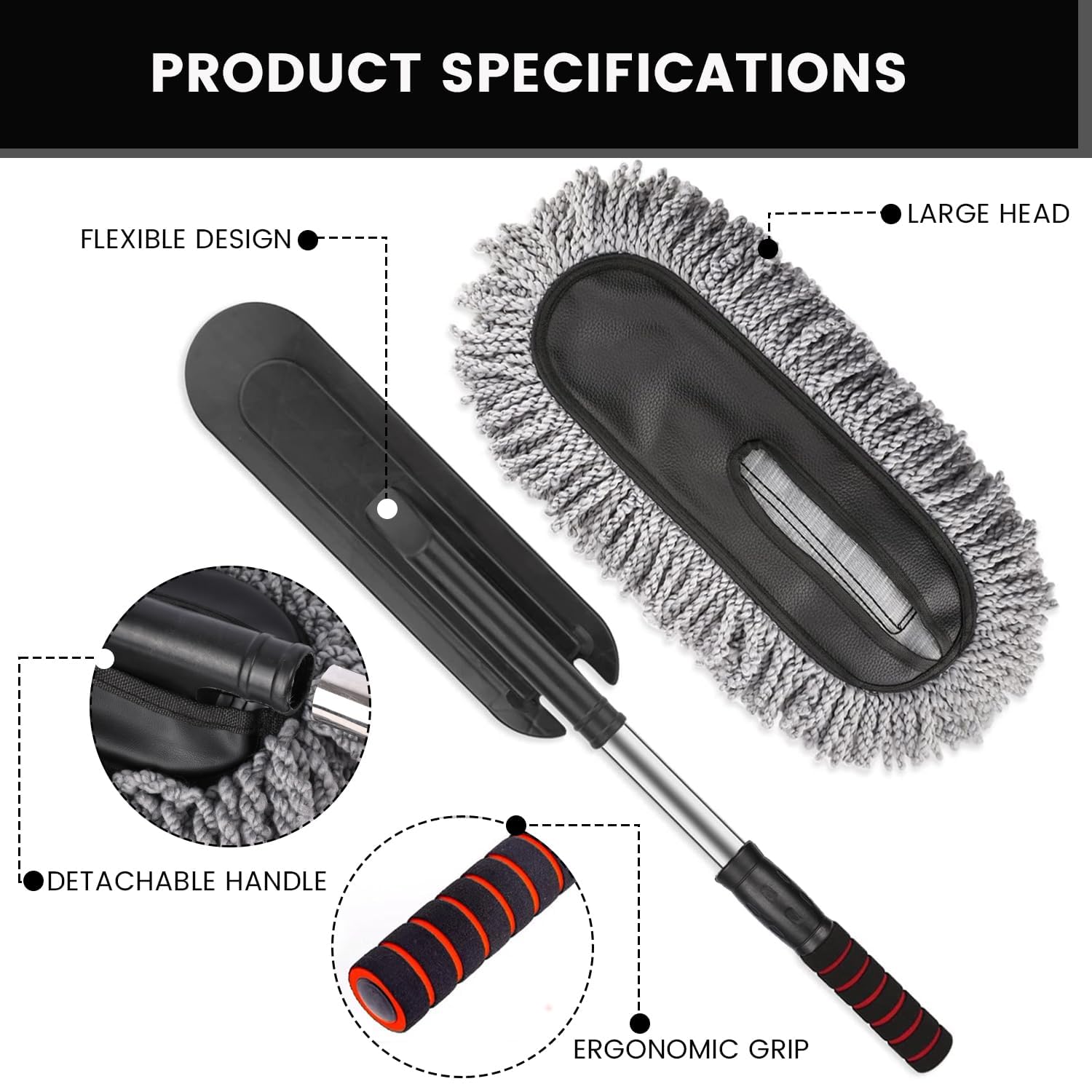 Soft Microfiber Car Duster Brush with Extendable Handle Wet & Dry Scratch Free Surface Cleaner Multipurpose Kitchen Vehicle Dust Cleaning Accessory (Big)