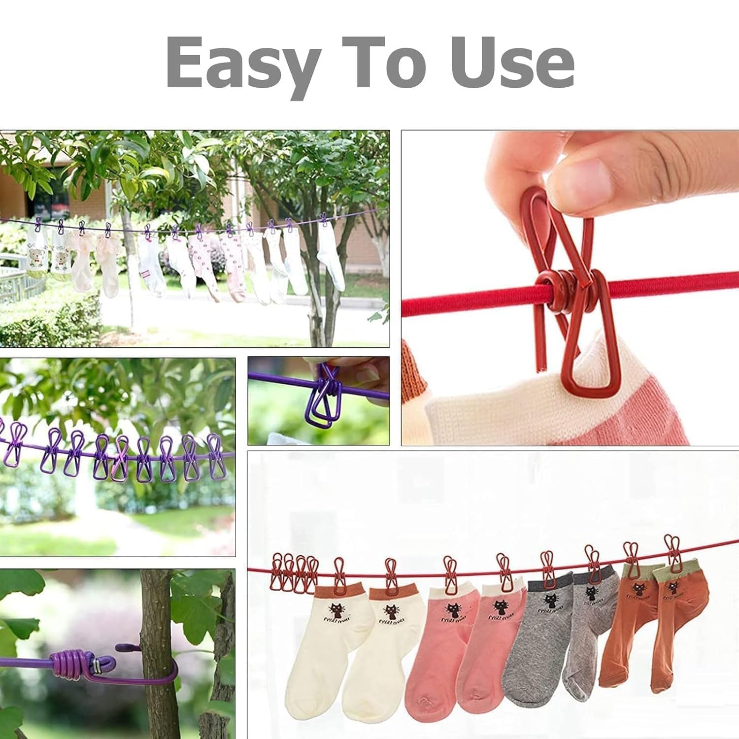 Portable Travel Clothesline, Adjustable Elastic Camping Windproof Retractable Clothes line with 12 PCS Clothespins for Outdoor and Indoor Use (1 PC)