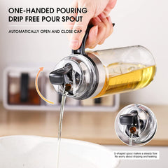 Effortless Pour 500ML Auto Flip Cooking Oil Bottle - Glass Cruet Dispenser with Non-Slip Handle for Olive Oil, Vinegar, Soy Sauce - Kitchen Essential (1 pcs)