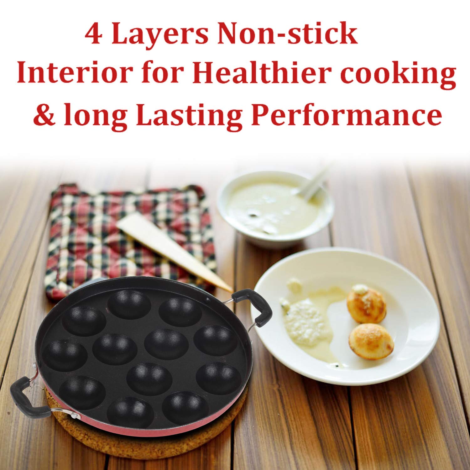 12 Cavities Non Stick Appam Patra Maker Stainless Steel Lid with Oil Brush and Scrub Paniyarrakal Paniyaram