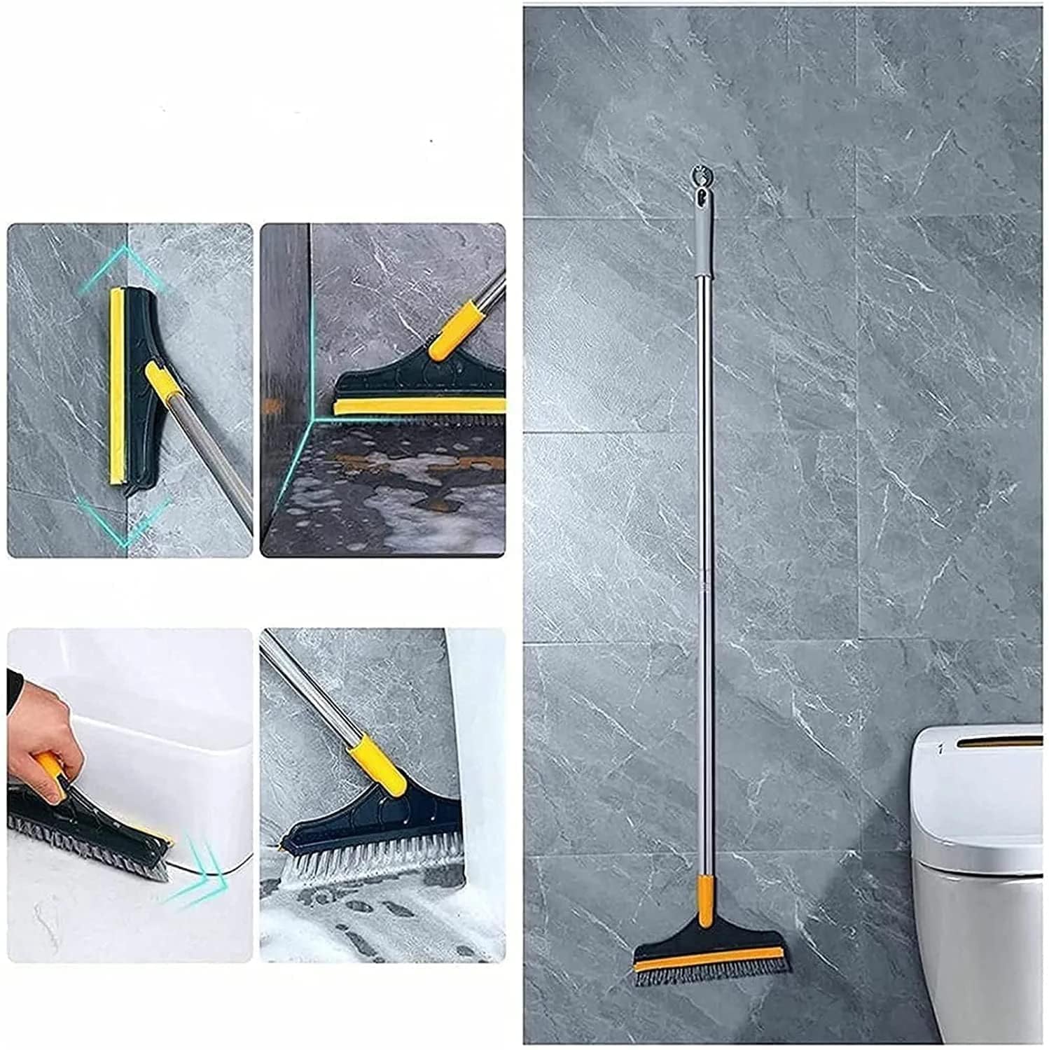 2 in 1 Floor Tiles Cleaning Brush with Wiper 120° Rotating Bathroom Kitchen Household Cleaning Squeegee Mop with Long Handle V-Shape Stiff Bristle Grout Scraper Brush (2 in 1 tile Brush)