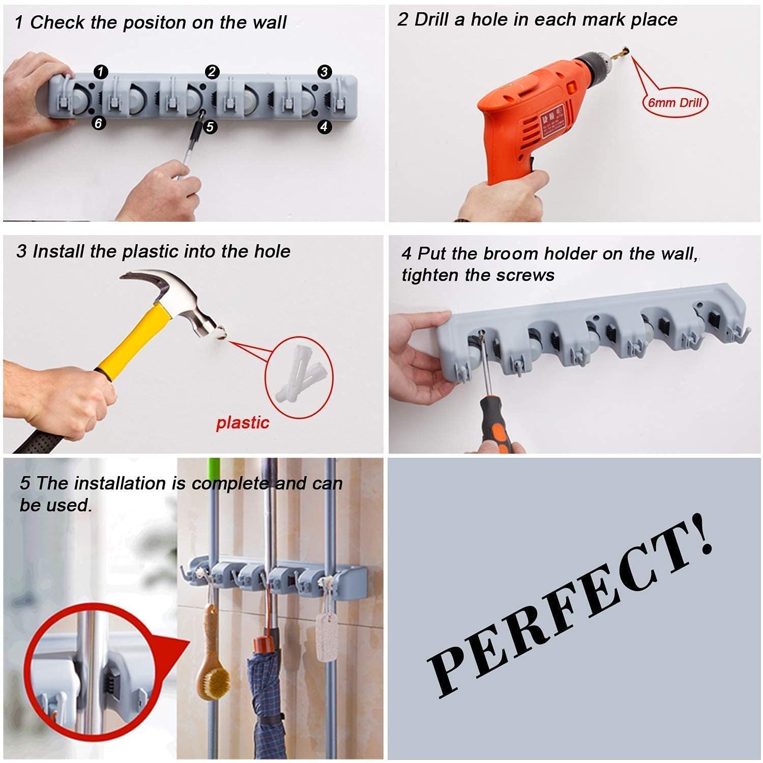 polypropylene broom holder wall mounted, jhadu mop and stick holder wall mount hanger stand storage organizer, broomstick, brooms, mops organizers for home, bathroom (5 Slot 6 Hooks)- Gray