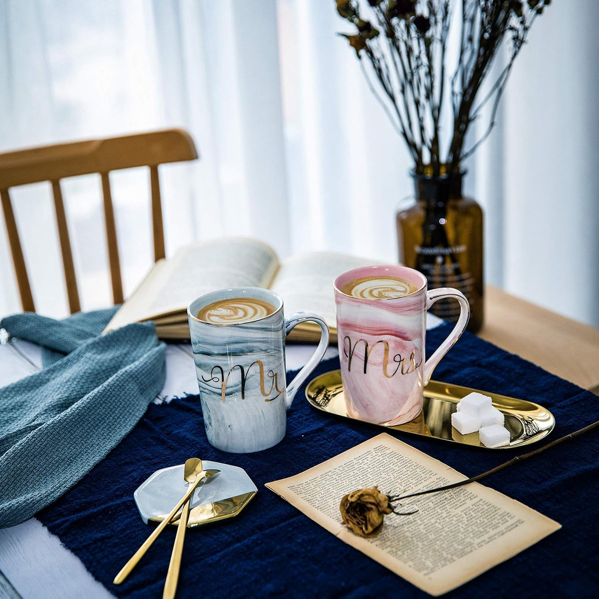 Ceramic Marble Finish Coffee Mug With Lid & Spoon For Anniversary Wedding Engagement Valentine Gifts For Couple (400 ML)