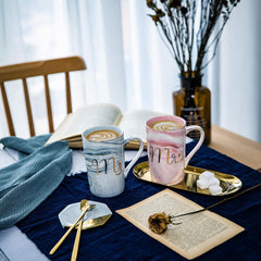 Ceramic Marble Finish Coffee Mug With Lid & Spoon For Anniversary Wedding Engagement Valentine Gifts For Couple (400 ML)