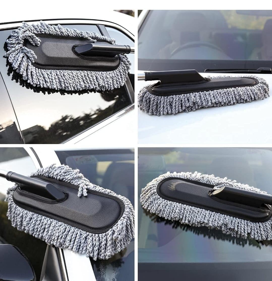 Soft Microfiber Car Duster Brush with Extendable Handle Wet & Dry Scratch Free Surface Cleaner Multipurpose Kitchen Vehicle Dust Cleaning Accessory (Big)