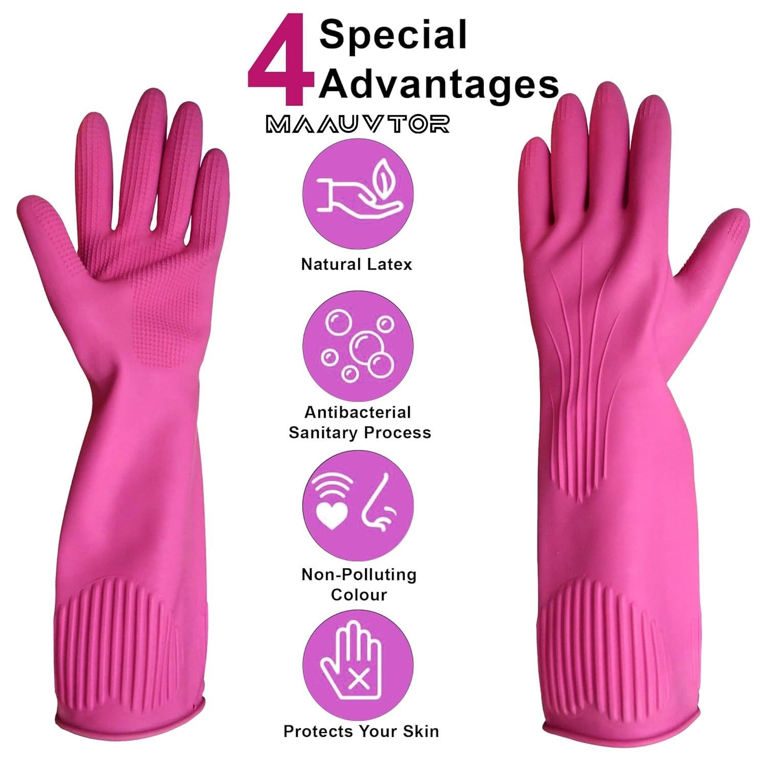 Dishwashing Cleaning Gloves Waterproof Reusable Long Elbow Hand Gloves Latex-Free Household Kitchen Gloves for Laundry, Working, Gardening, Sanitation and Lab Work (Flower Pink)