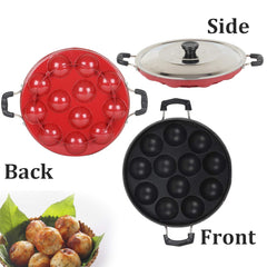 12 Cavities Non Stick Appam Patra Maker Stainless Steel Lid with Oil Brush and Scrub Paniyarrakal Paniyaram
