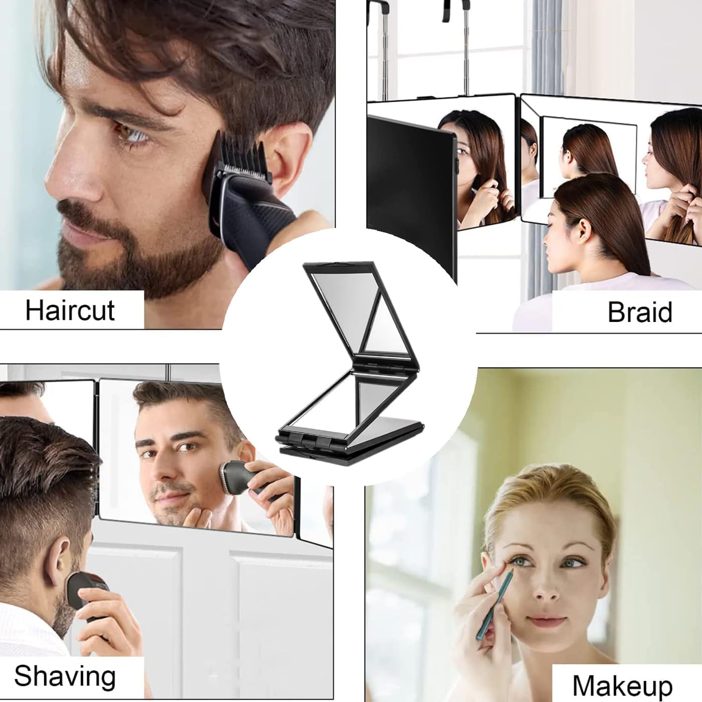 Tri-Fold Travel Makeup Mirror with 4 Panels Portable Folding Vanity Mirror for Desk Bathroom and Travel Use Adjustable Angle Lightweight Compact Grooming Mirror