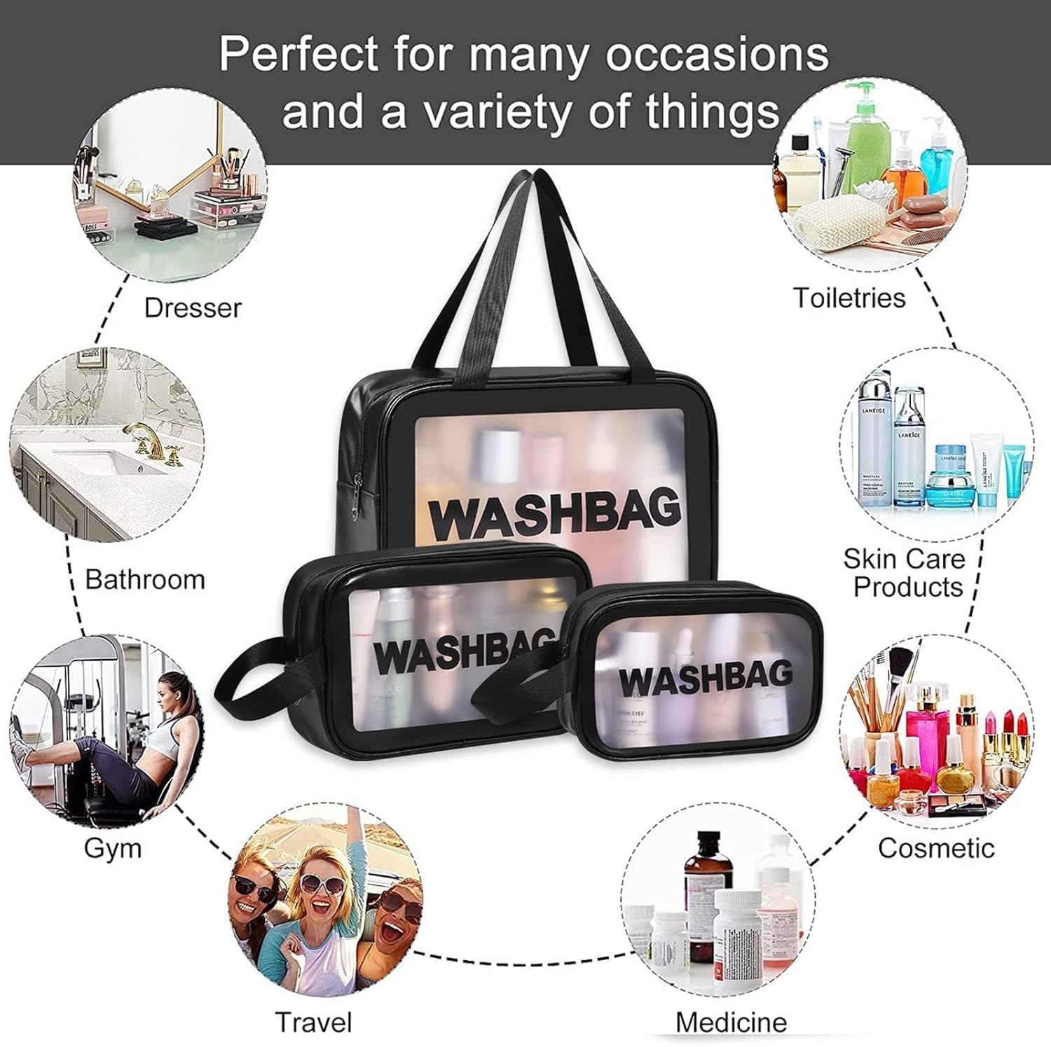 Wash Bag Pouch for Travel Kit Toiletry Bag Cosmetic Bag Make Up Box for Brushes, Accessories with Handle ,Large Capacity Waterproof Travel Storage Organizer Set of 3 (Black)