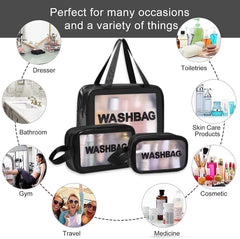 Wash Bag Pouch for Travel Kit Toiletry Bag Cosmetic Bag Make Up Box for Brushes, Accessories with Handle ,Large Capacity Waterproof Travel Storage Organizer Set of 3 (Black)