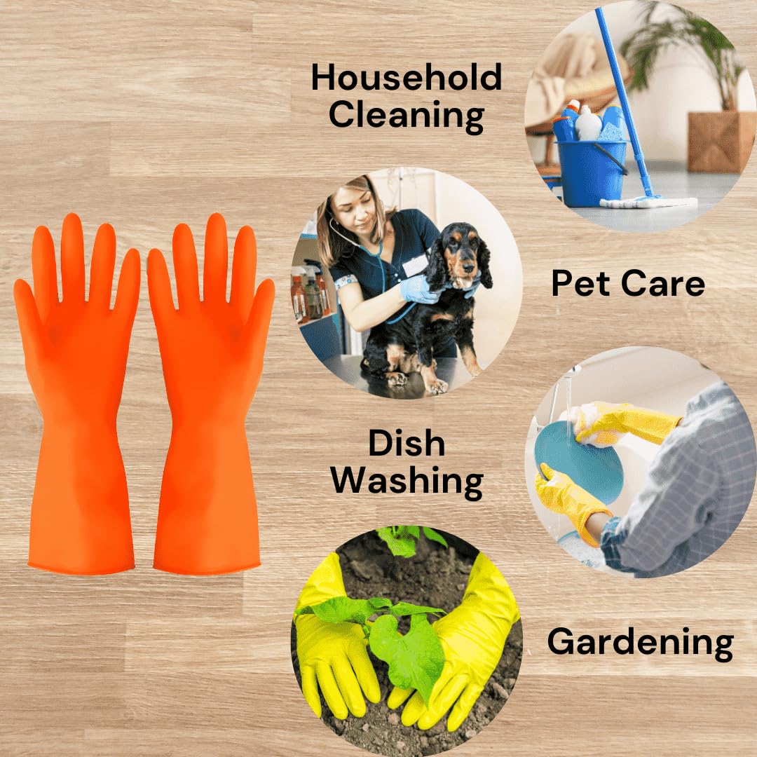 Reusable Rubber Latex PVC Flock lined Long Sleeves elbow length Hand Gloves for Kitchen Dish-Washing, Cleaning, Gardening, Laundry and Sanitation and Lab Work (orange)