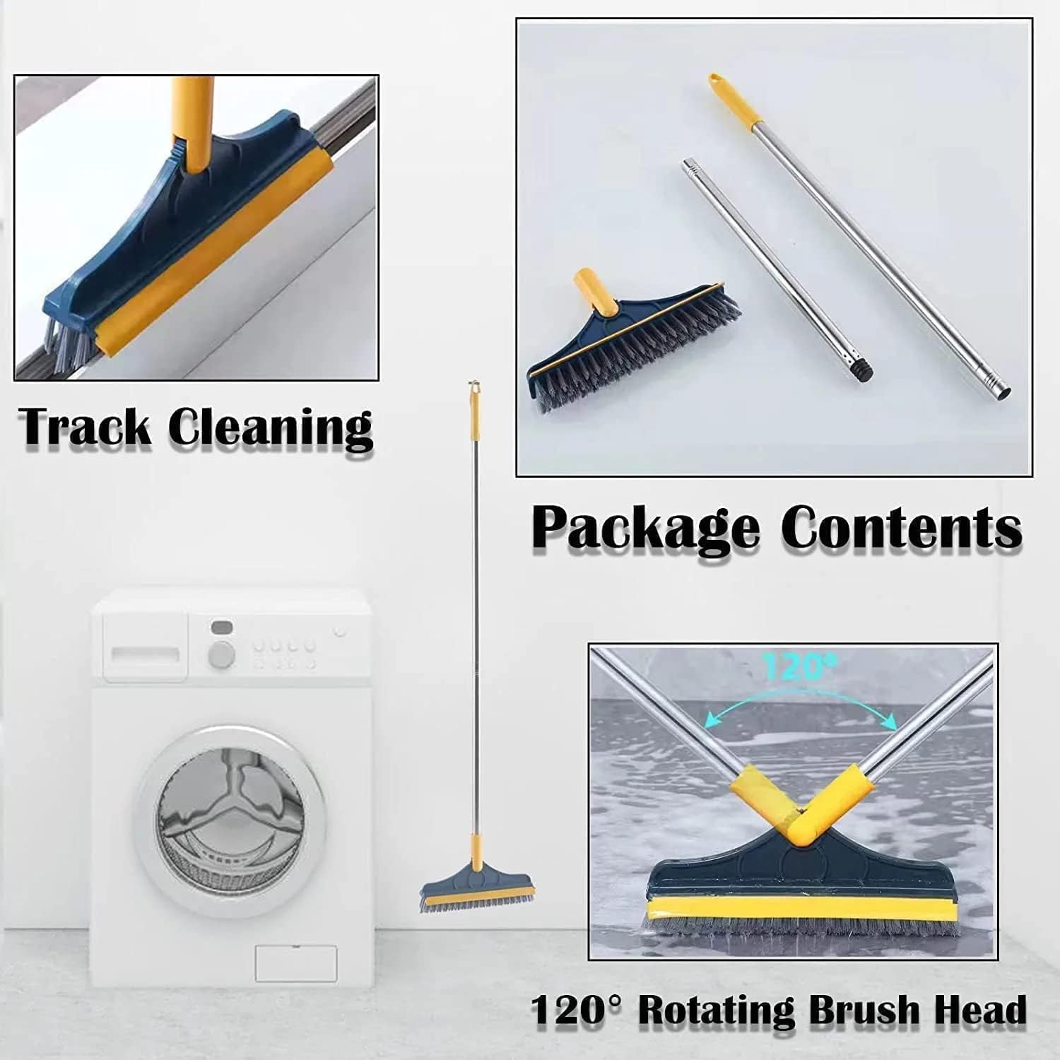 2 in 1 Floor Tiles Cleaning Brush with Wiper 120° Rotating Bathroom Kitchen Household Cleaning Squeegee Mop with Long Handle V-Shape Stiff Bristle Grout Scraper Brush (2 in 1 tile Brush)