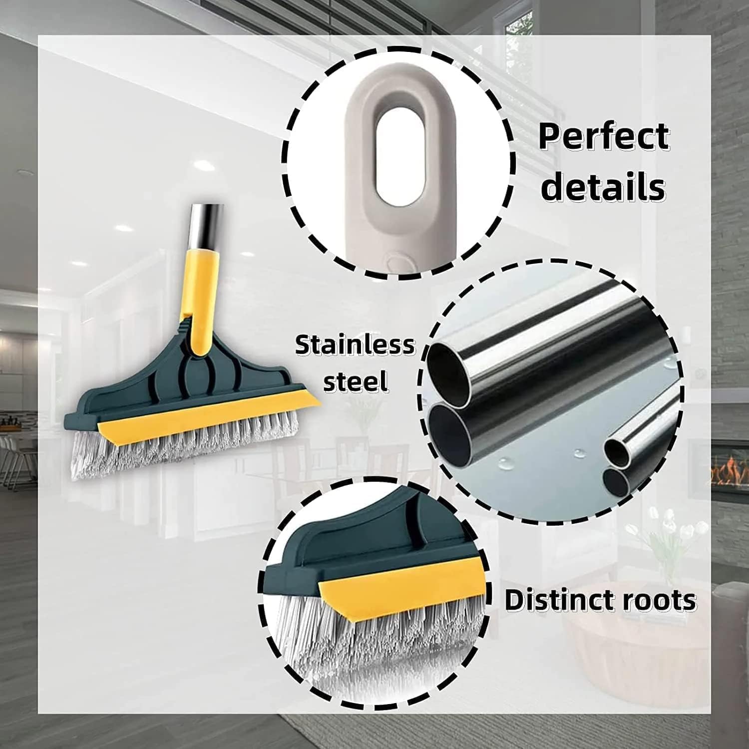 2 in 1 Floor Tiles Cleaning Brush with Wiper 120° Rotating Bathroom Kitchen Household Cleaning Squeegee Mop with Long Handle V-Shape Stiff Bristle Grout Scraper Brush (2 in 1 tile Brush)