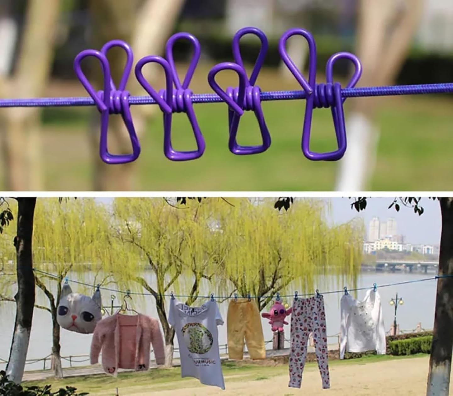 Portable Travel Clothesline, Adjustable Elastic Camping Windproof Retractable Clothes line with 12 PCS Clothespins for Outdoor and Indoor Use (1 PC)