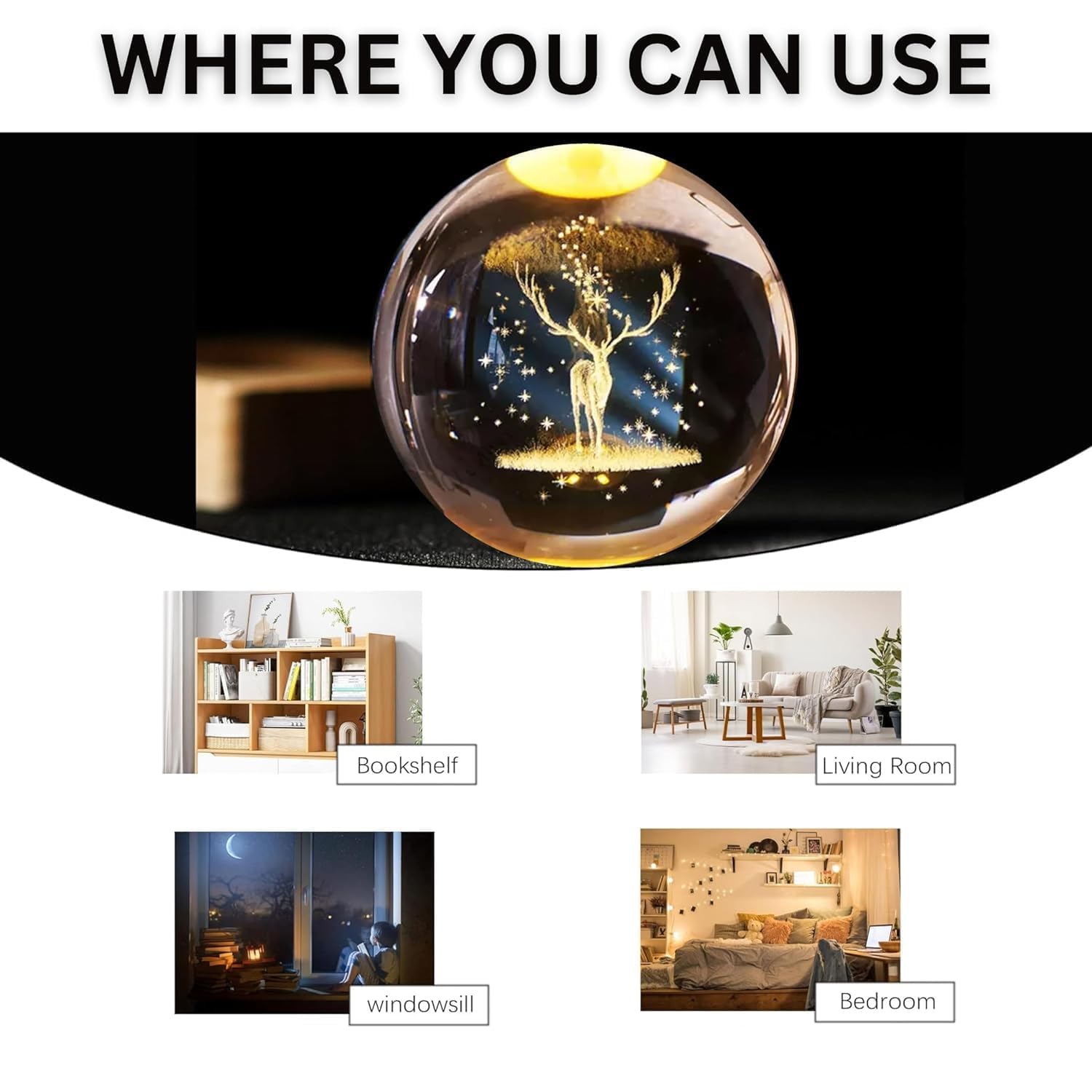 3D Engraved Deer Crystal Globe Lamp | USB LED Night Light with Wooden Base | Creative 6 cm Crystal Ball Table Lamp for Bedroom, Home, Office Décor & Gifting