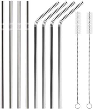 Stainless Steel Straws for Drinking with Brushes Pack of 10Pieces (4 Bent + 4 Straight + 2 Brushes), Silver with Carry Pouch