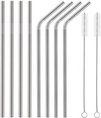 Stainless Steel Straws for Drinking with Brushes Pack of 10Pieces (4 Bent + 4 Straight + 2 Brushes), Silver with Carry Pouch
