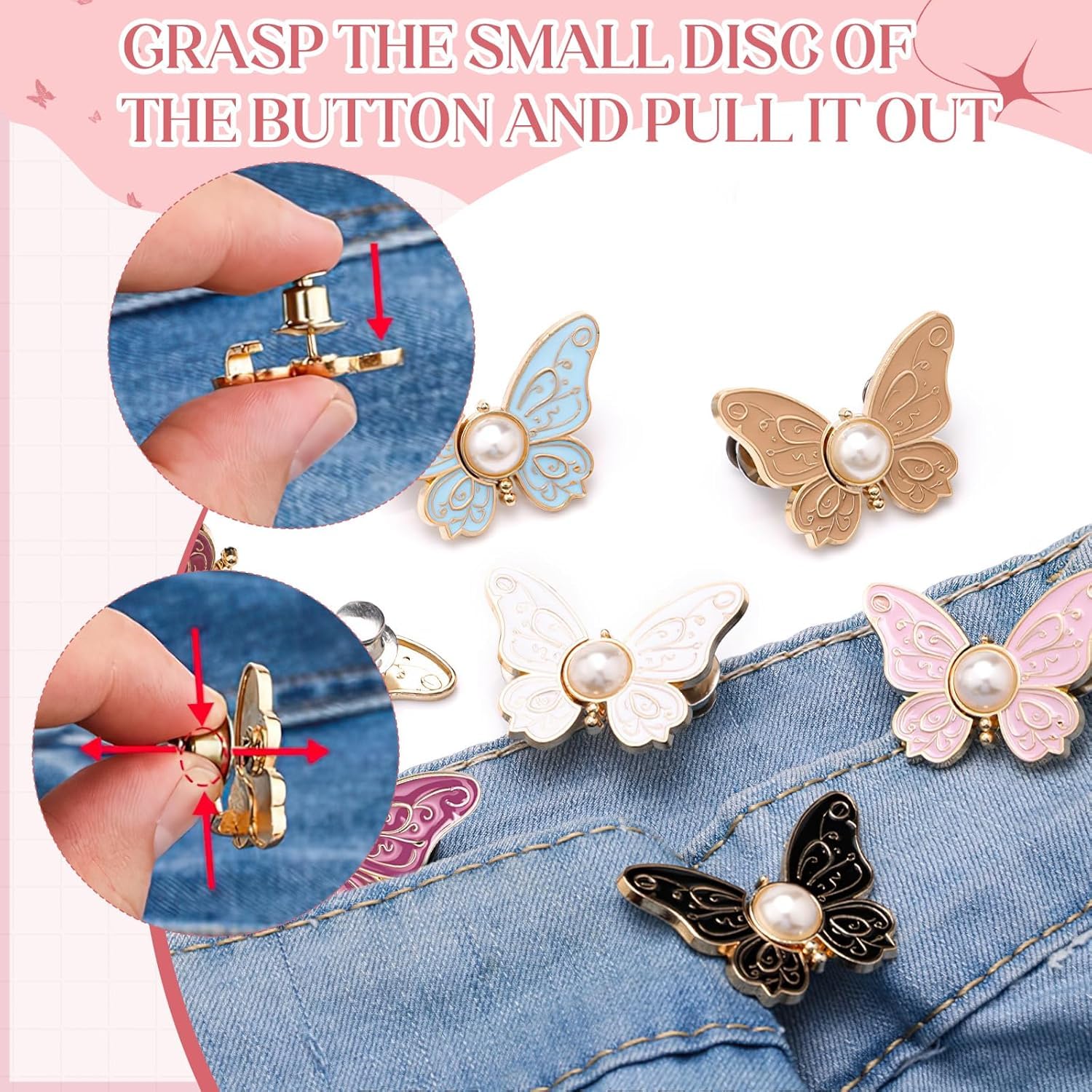 4 Sets Butterfly Jean Buttons Waist Tightener for Loose Pants, No-Sew Adjustable Waist Buckle Clips, Detachable Decorative Jean Button Pins for Women’s Jeans & Skirts