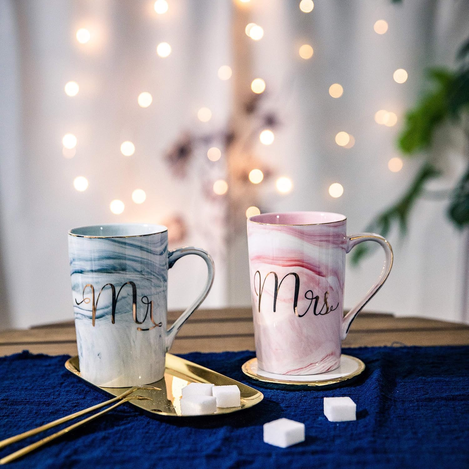 Ceramic Marble Finish Coffee Mug With Lid & Spoon For Anniversary Wedding Engagement Valentine Gifts For Couple (400 ML)