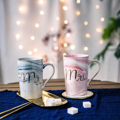Ceramic Marble Finish Coffee Mug With Lid & Spoon For Anniversary Wedding Engagement Valentine Gifts For Couple (400 ML)
