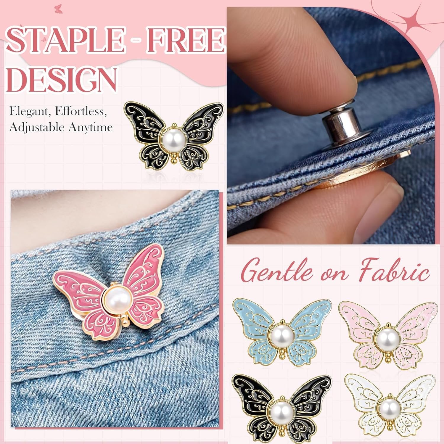 4 Sets Butterfly Jean Buttons Waist Tightener for Loose Pants, No-Sew Adjustable Waist Buckle Clips, Detachable Decorative Jean Button Pins for Women’s Jeans & Skirts
