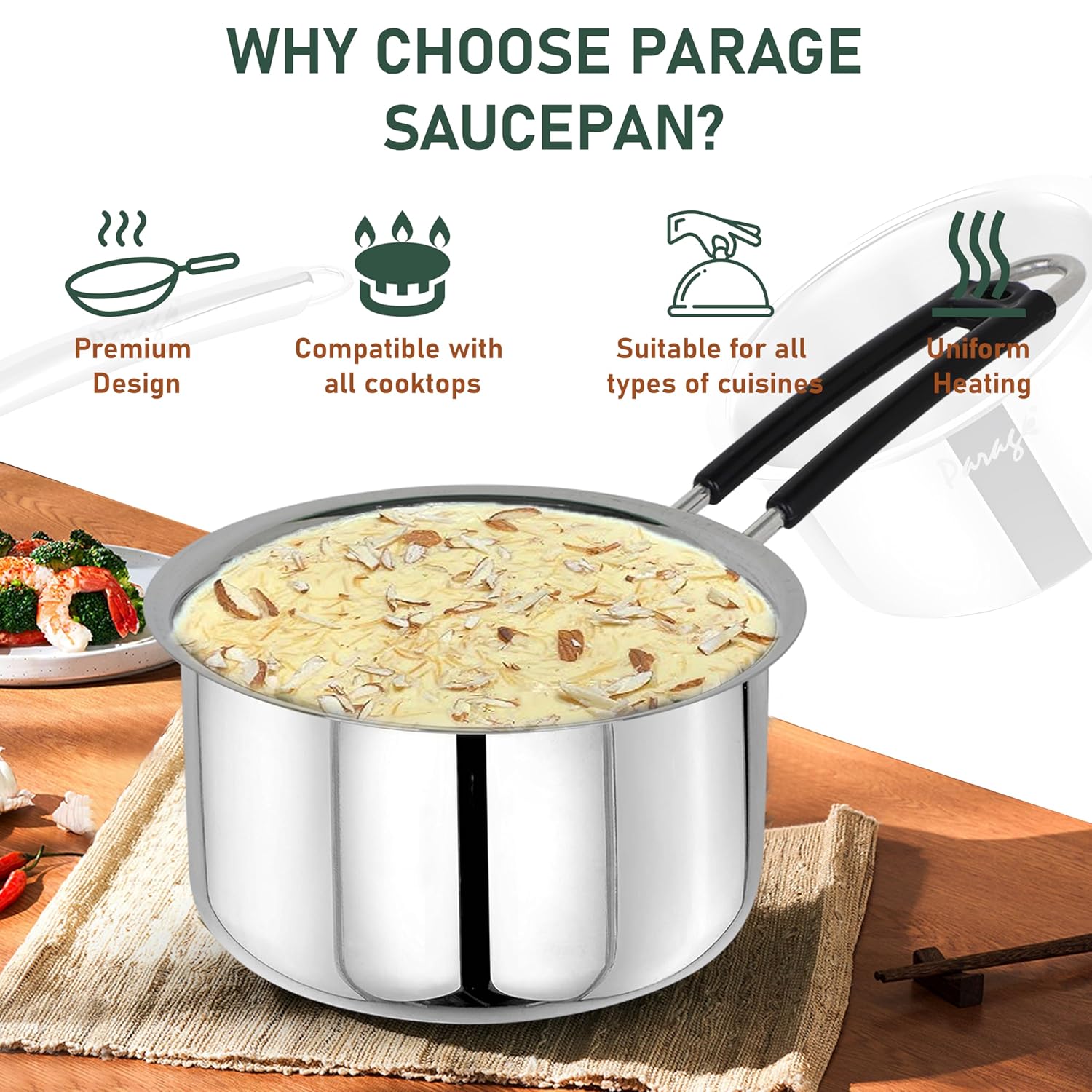 Heavy Gauge Stainless Steel Sauce Pan, Tea Pan, Milk Pan Pot Tapeli Patila Milk Boiler Induction & Gas Compatible Heat-Resistant Bakelite Handle (Silver 1.5 Litre)