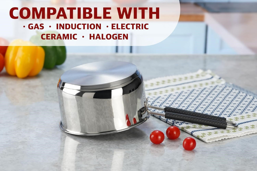Heavy Gauge Stainless Steel Sauce Pan, Tea Pan, Milk Pan Pot Tapeli Patila Milk Boiler Induction & Gas Compatible Heat-Resistant Bakelite Handle (Silver 1 Litre)