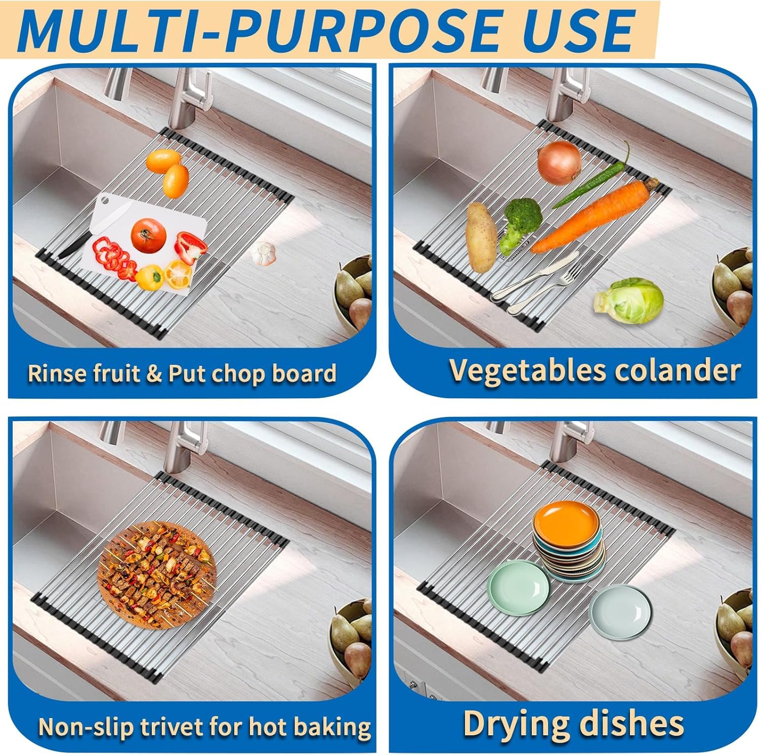 Foldable Roll Up 10 Pipe Dish Drying Rack Over The Sink Multipurpose Kitchen Counter Rolling up Stainless Steel Drainer for Cups, Utensils, Fruits, Vegetables