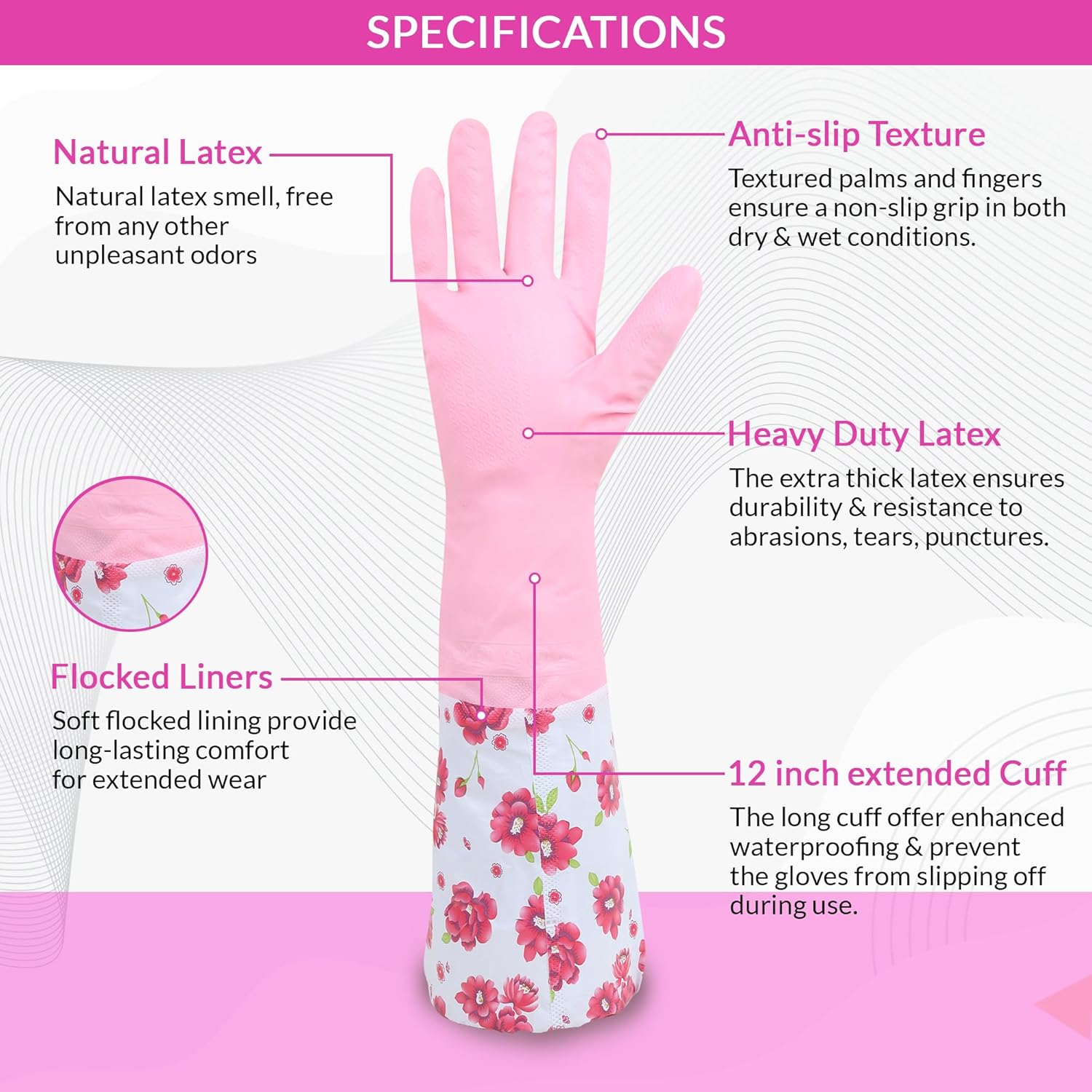 Reusable Rubber Latex Pvc Flock Lined Long Elbow Hand Gloves Safety Kitchen For Dish-Washing,Cleaning,Gardening,Laundry And Sanitation And Lab Work(Blue)(Pack of 1 Pair Blue And 1 Pair Pink)