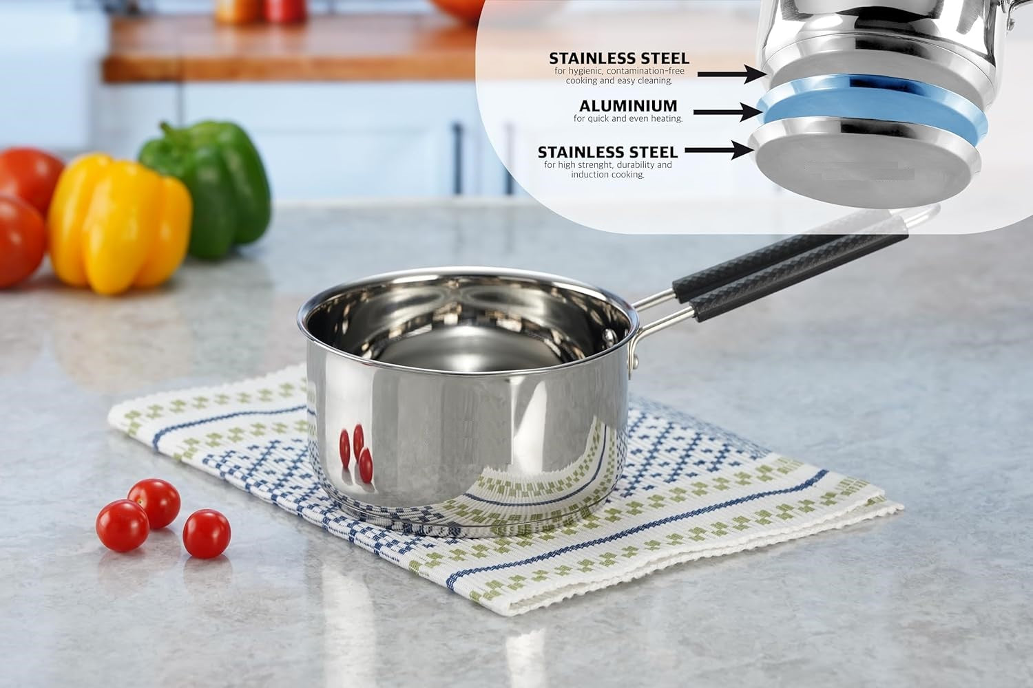 Heavy Gauge Stainless Steel Sauce Pan, Tea Pan, Milk Pan Pot Tapeli Patila Milk Boiler Induction & Gas Compatible Heat-Resistant Bakelite Handle (Silver 1.5 Litre)