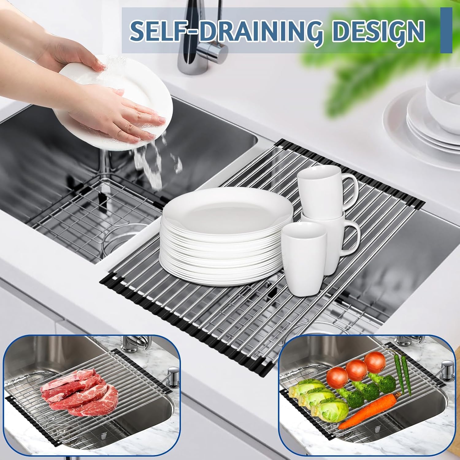 Foldable Roll Up 10 Pipe Dish Drying Rack Over The Sink Multipurpose Kitchen Counter Rolling up Stainless Steel Drainer for Cups, Utensils, Fruits, Vegetables