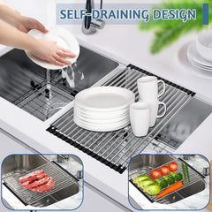 Foldable Roll Up 10 Pipe Dish Drying Rack Over The Sink Multipurpose Kitchen Counter Rolling up Stainless Steel Drainer for Cups, Utensils, Fruits, Vegetables