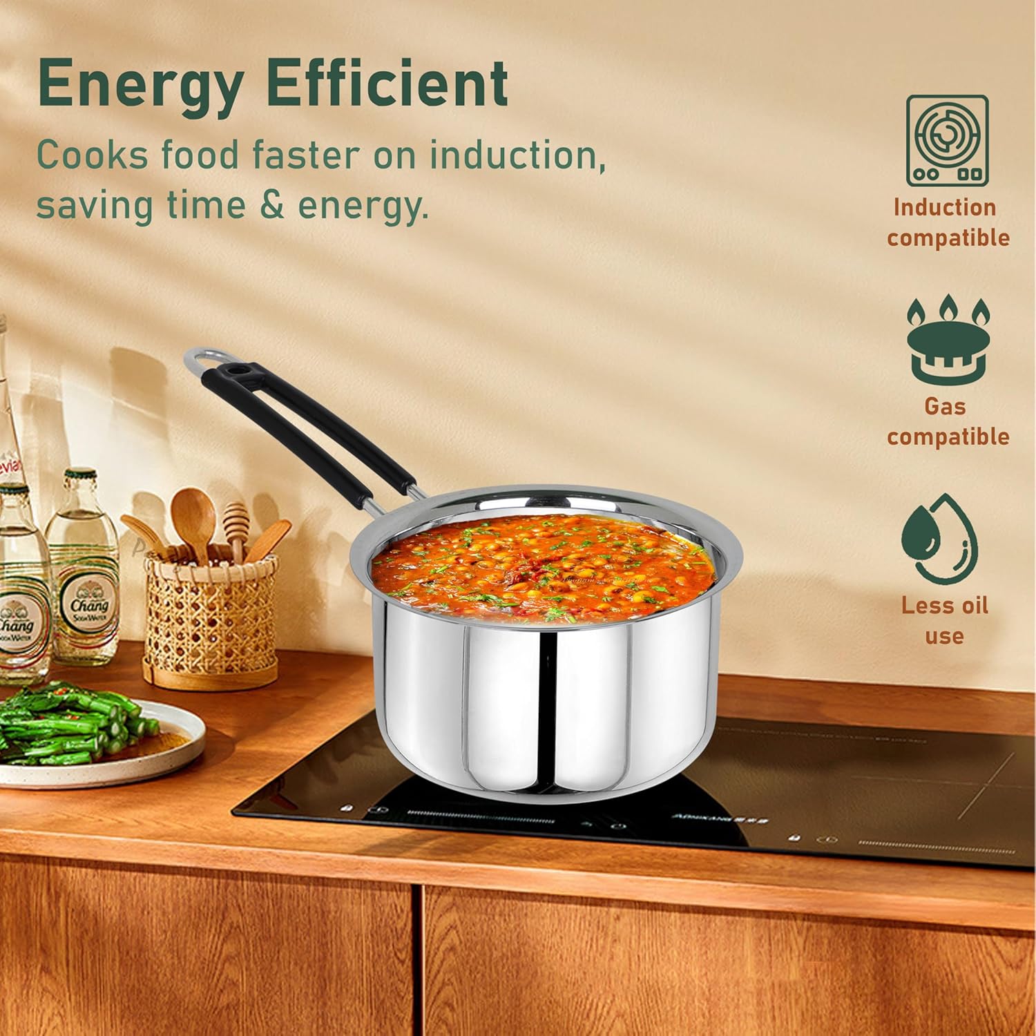 Heavy Gauge Stainless Steel Sauce Pan, Tea Pan, Milk Pan Pot Tapeli Patila Milk Boiler Induction & Gas Compatible Heat-Resistant Bakelite Handle (Silver 1 Litre)