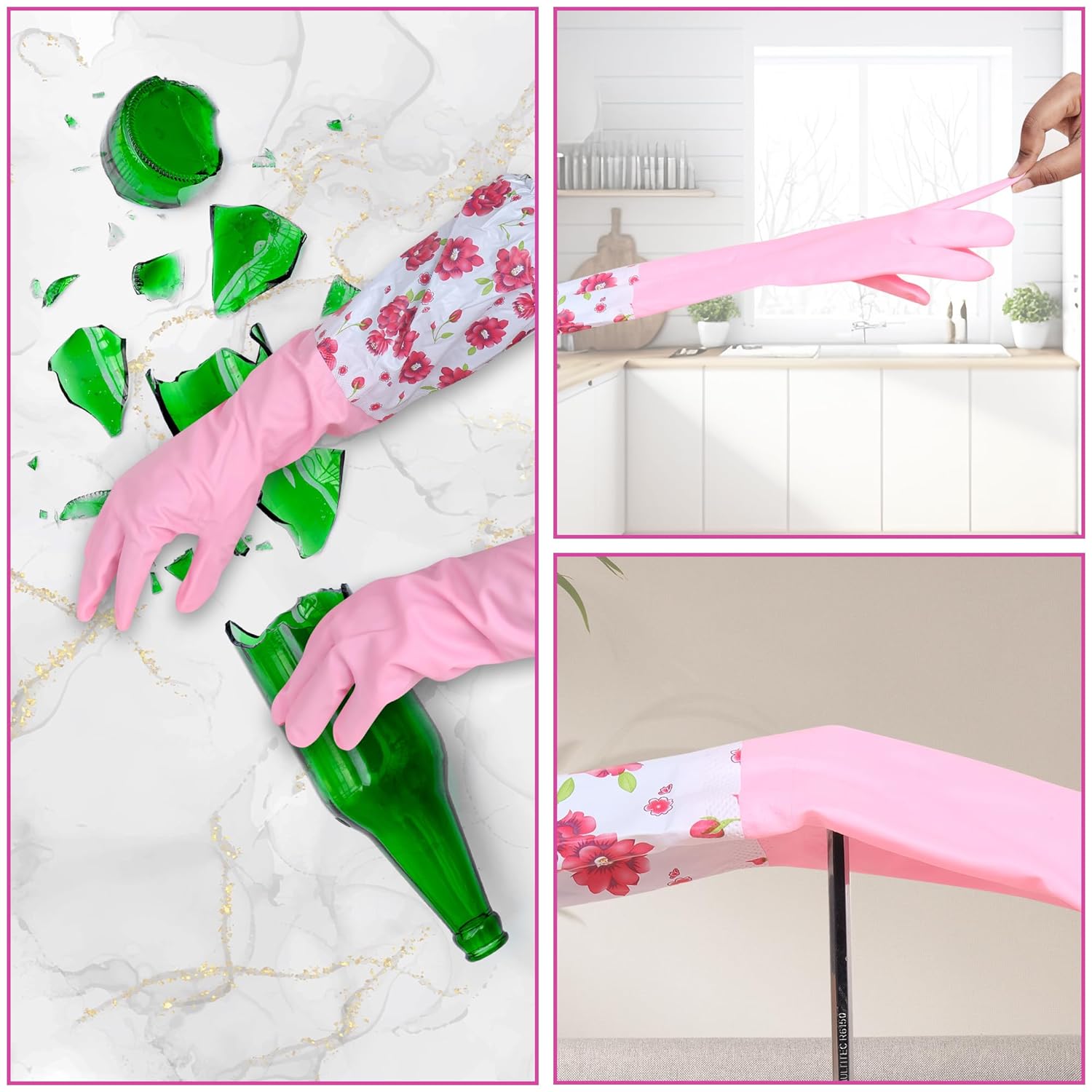 Reusable Rubber Latex Pvc Flock Lined Long Elbow Hand Gloves Safety Kitchen For Dish-Washing,Cleaning,Gardening,Laundry And Sanitation And Lab Work(Blue)(Pack of 1 Pair Blue And 1 Pair Pink)