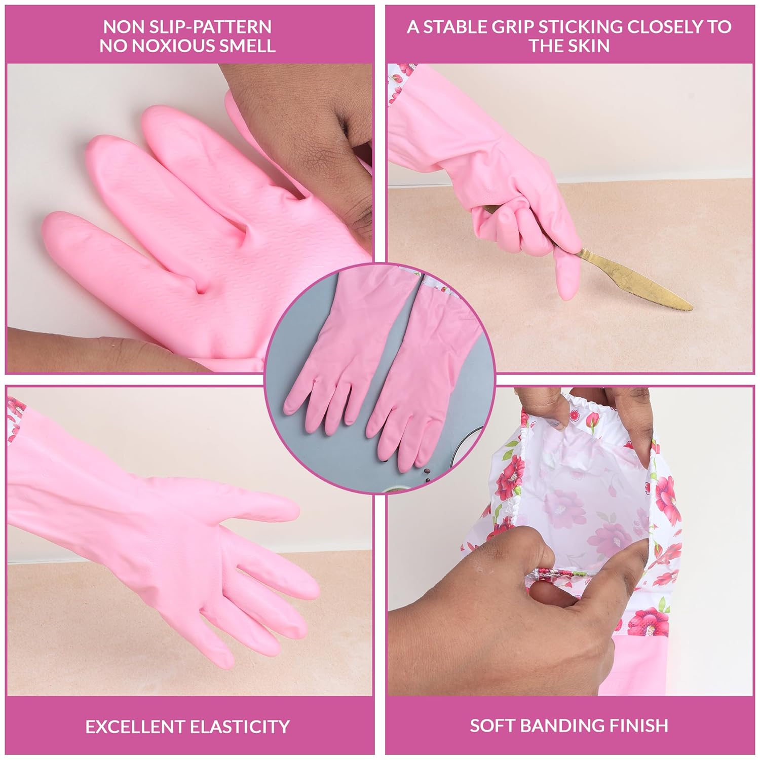 Reusable Rubber Latex Pvc Flock Lined Long Elbow Hand Gloves Safety Kitchen For Dish-Washing,Cleaning,Gardening,Laundry And Sanitation And Lab Work(Blue)(Pack of 1 Pair Blue And 1 Pair Pink)
