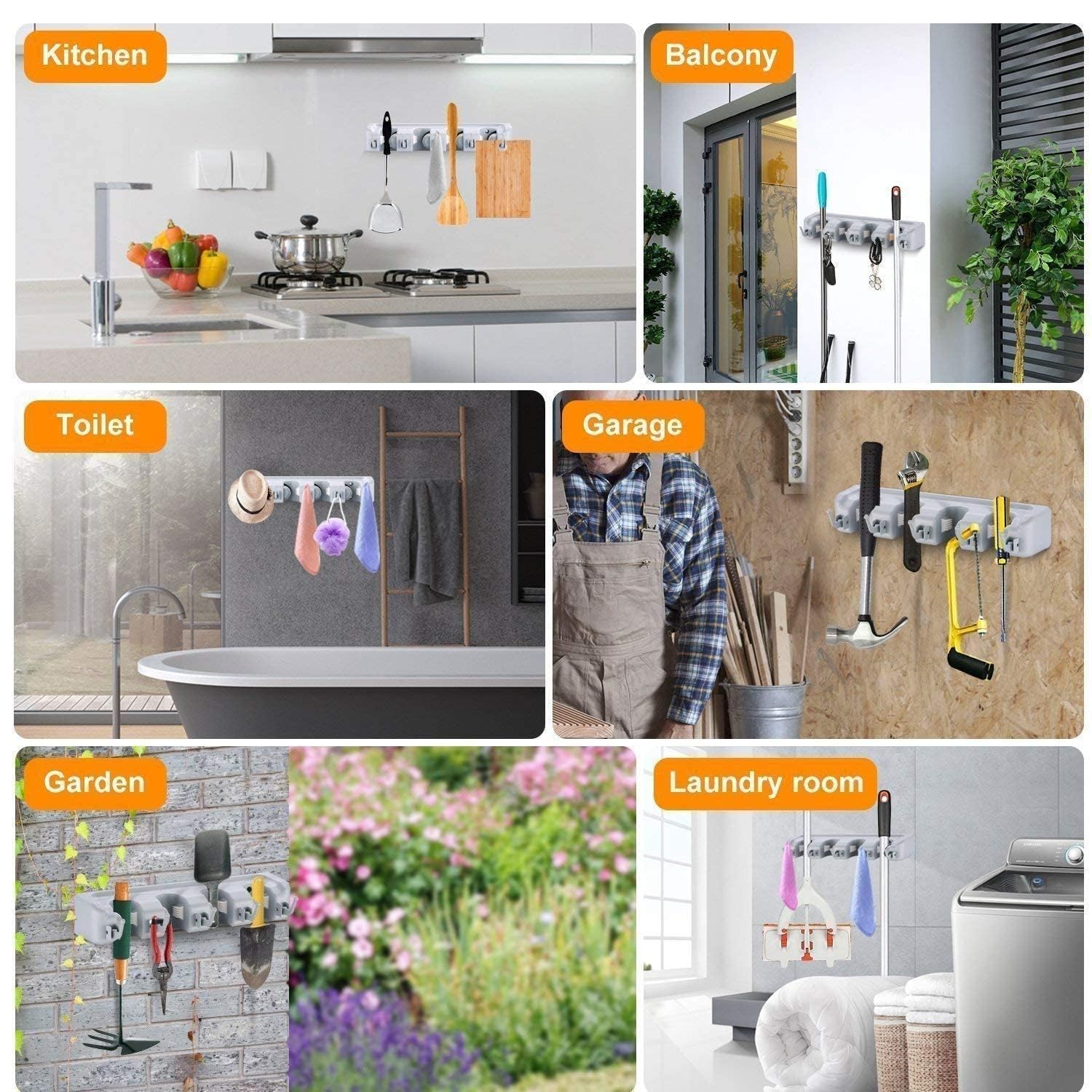 polypropylene broom holder wall mounted, jhadu mop and stick holder wall mount hanger stand storage organizer, broomstick, brooms, mops organizers for home, bathroom (5 Slot 6 Hooks)- Gray