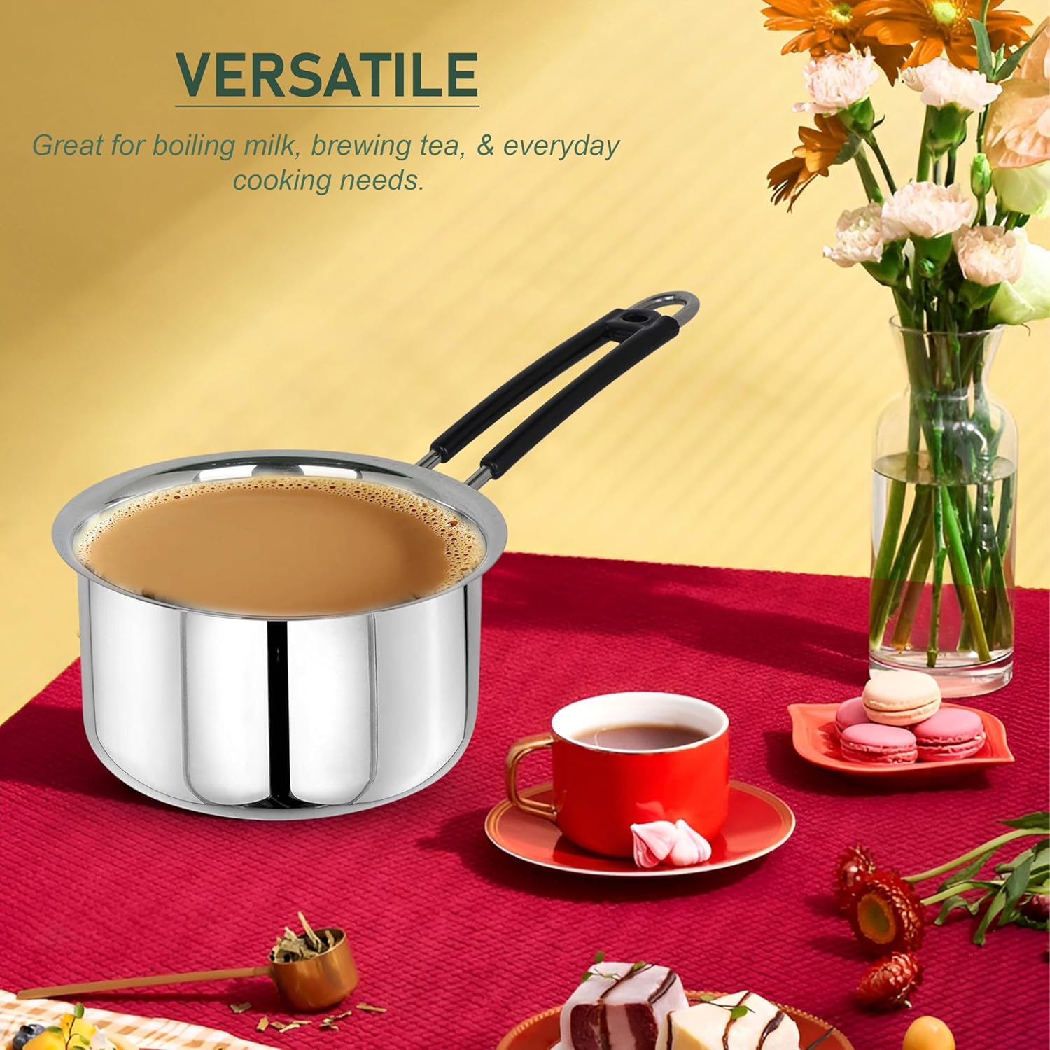 Heavy Gauge Stainless Steel Sauce Pan, Tea Pan, Milk Pan Pot Tapeli Patila Milk Boiler Induction & Gas Compatible Heat-Resistant Bakelite Handle (Silver 1 Litre)