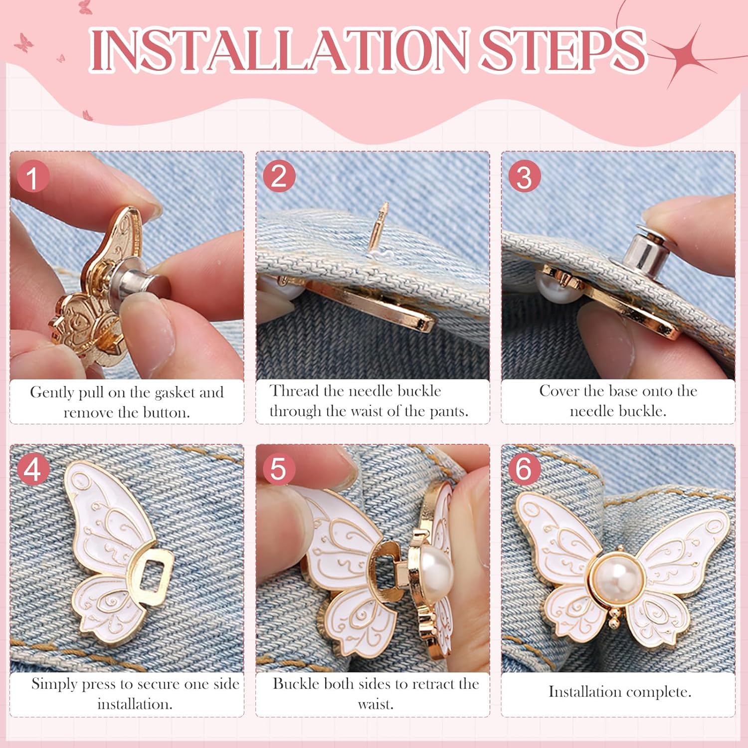4 Sets Butterfly Jean Buttons Waist Tightener for Loose Pants, No-Sew Adjustable Waist Buckle Clips, Detachable Decorative Jean Button Pins for Women’s Jeans & Skirts