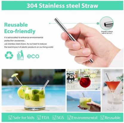 Reusable BPA-Free Metal, Thick, Long, Dishwasher Safe Stainless Steel Drinking Straws, 8.5 Inches (2 Bend and 2 Straight and 1 Cleaning Brushes) (1 Set)
