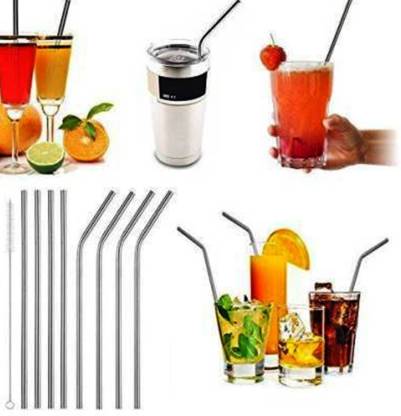 Stainless Steel Straws for Drinking with Brushes Pack of 10Pieces (4 Bent + 4 Straight + 2 Brushes), Silver with Carry Pouch