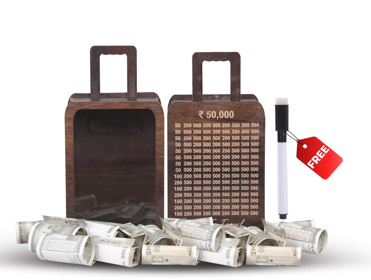 Wooden Modern Money/Piggy Bank Coin Box with Carved Design Money Collection Cash Box Cash Vault Savings Challenge Bank Donation Box Smart Gullak with Numbers & Marker -Travel
